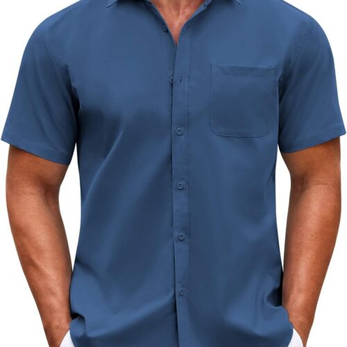 Mens Short  Casual Button Down Shirts Summer Untucked Dress Shirts with Pocket